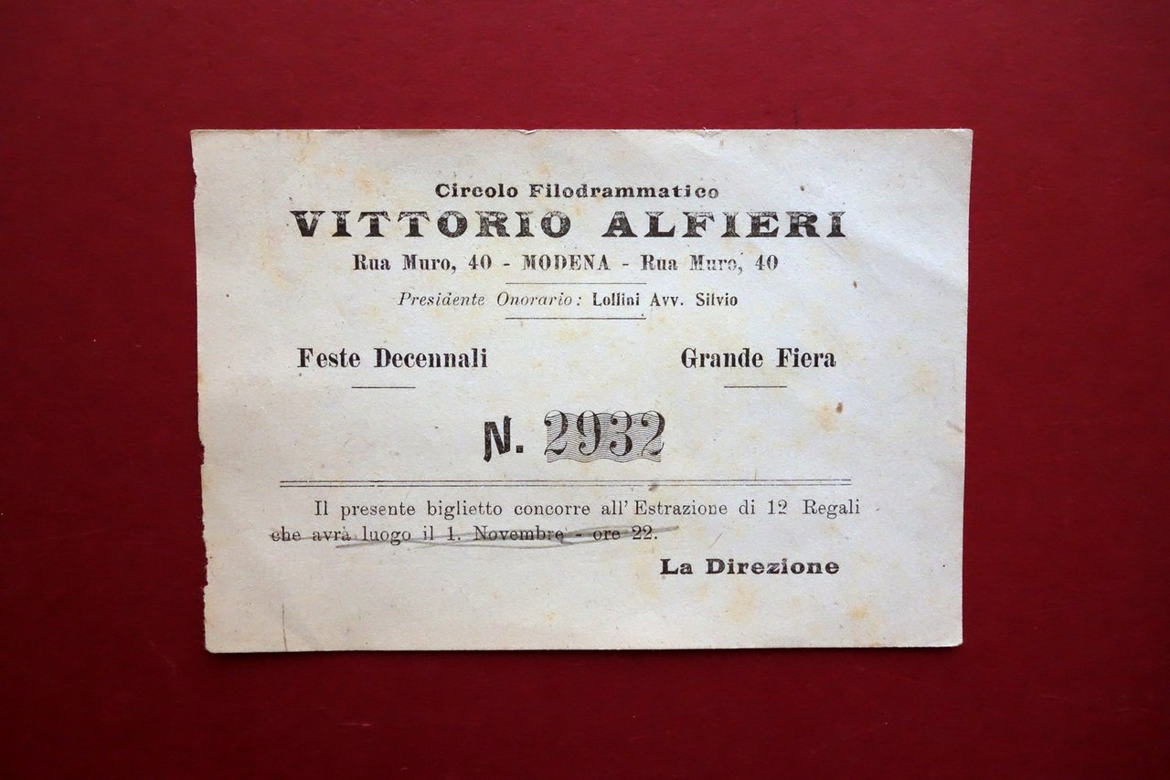 Circolo Filodrammatico Vittorio Alfieri Modena Biglietto di Lotteria Primo '900 | Immagine principale