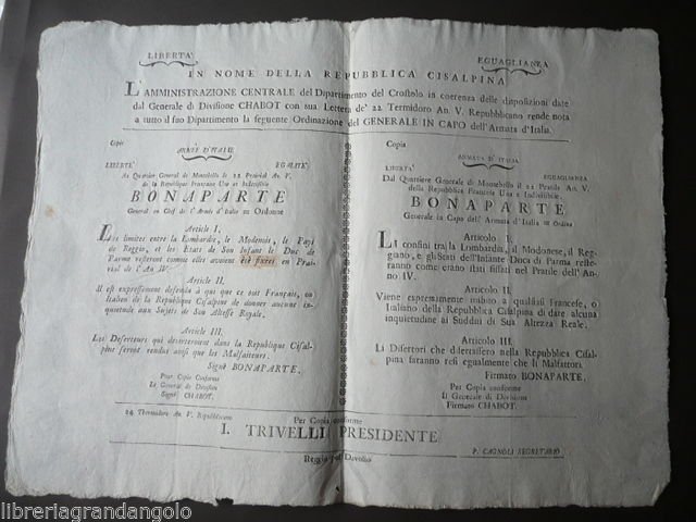 Cisalpina Grida Bilingue Bonaparte Armata Italia Montebello Confini 1797 | Immagine principale