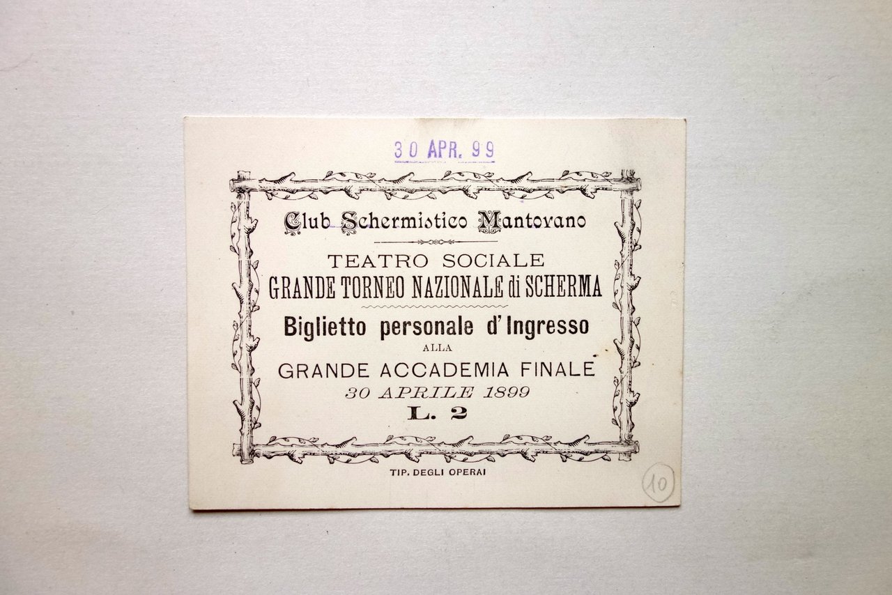 Club Schermistico Mantovano Torneo Nazionale Scherma Biglietto d'Ingresso 1899