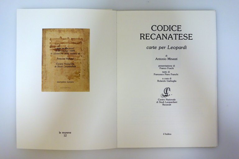 Codice Recanatese Carte per Leopardi Antonio Minezzi Il Bulino Modena …