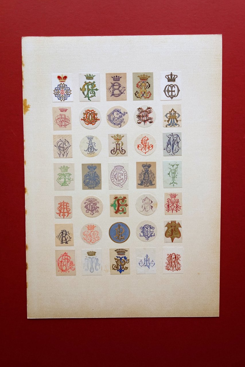 Collezione di Monogrammi Applicati su Cartoncino Decorati a Colori '800