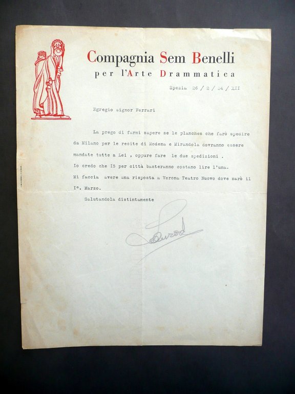 Compagnia Sem Benelli Arte Drammatica Lettera 1934 Ferrari Modena Mirandola