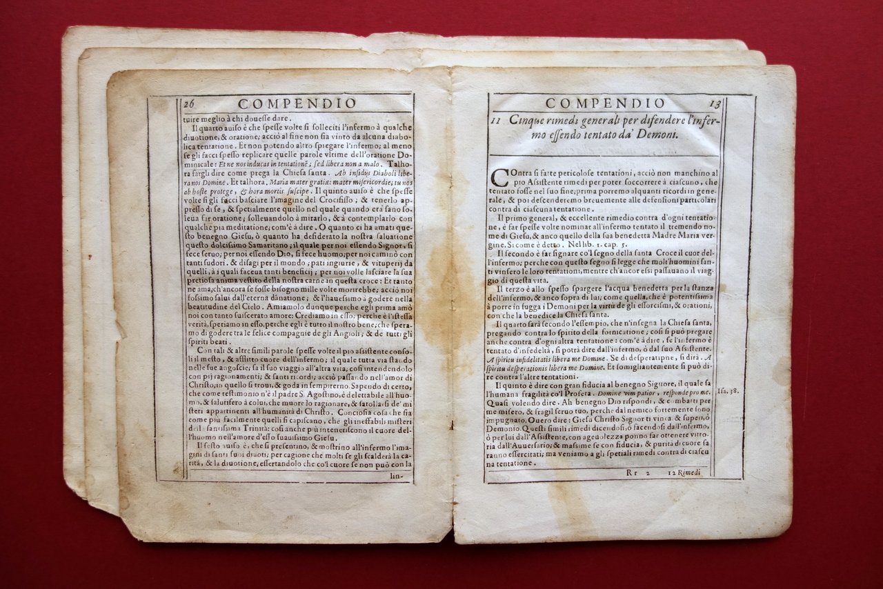 Compendio Rimedi contro Tentazioni dei Demoni Frammento Libro Antico '600