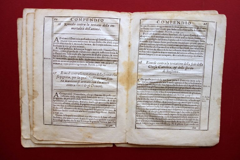 Compendio Rimedi contro Tentazioni dei Demoni Frammento Libro Antico '600