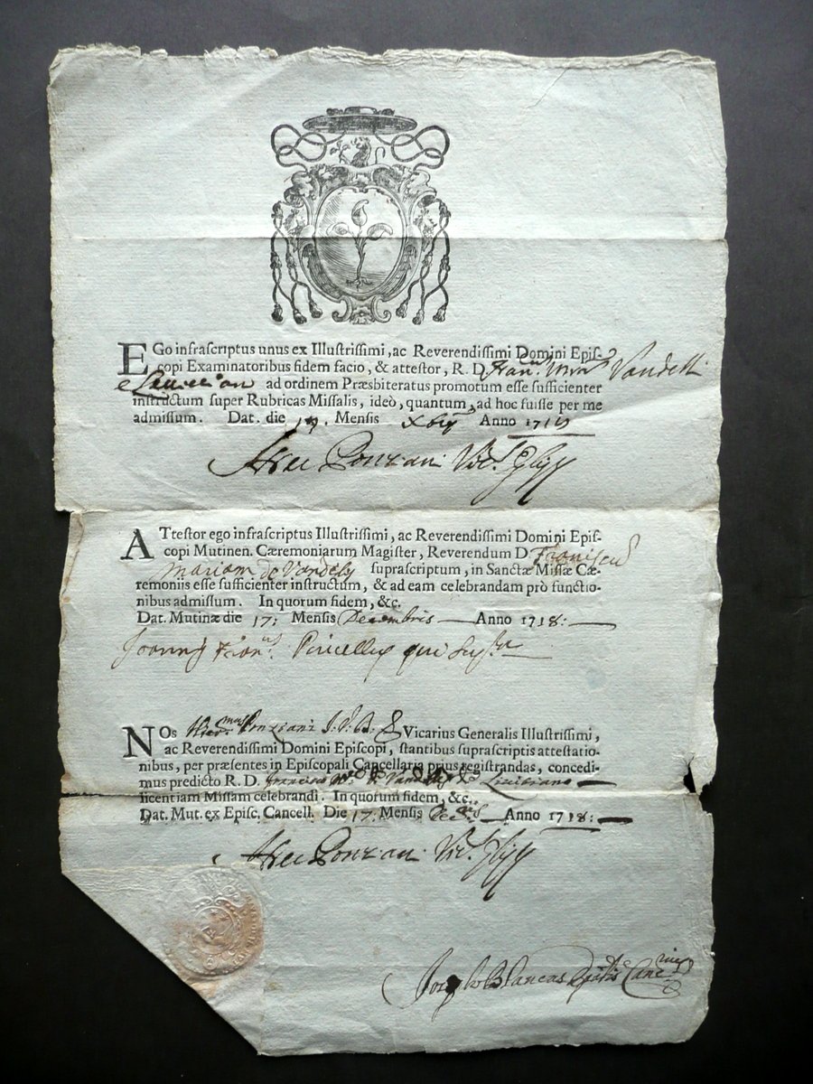 Concessione Licenza Celebrazione Messa 1719 Vescovo Ponziani Vandelli Firme | Immagine principale