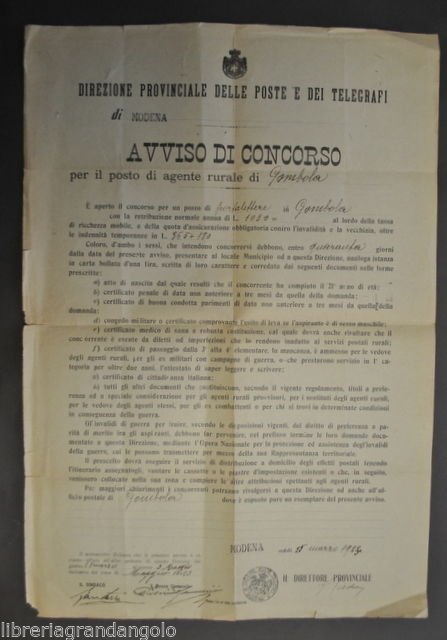 Concorso Posta Postino Modena Appennino Modenese Gombola Polinago 1923