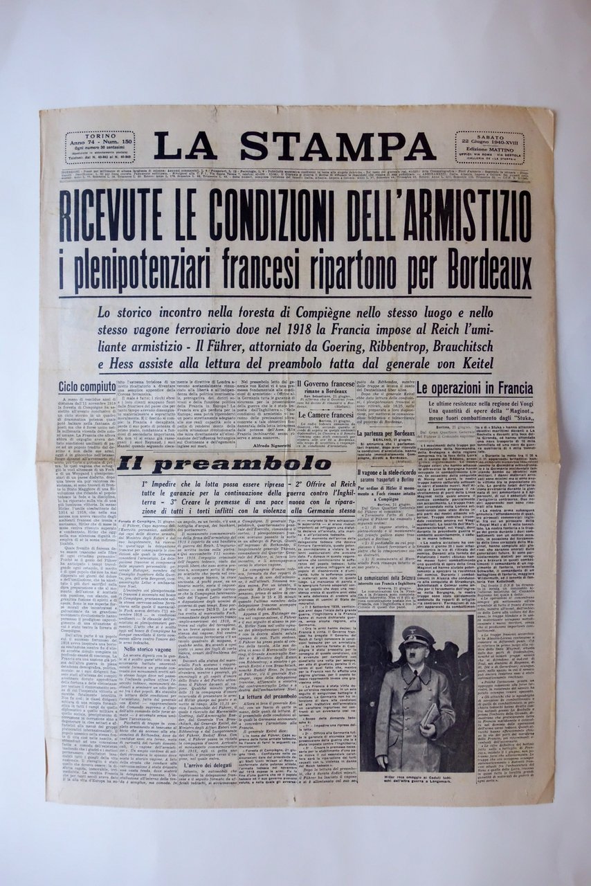 Condizioni Armistizio Plenipotenziari Francesi a Bordeaux La Stampa 22/6/1940 | Immagine principale
