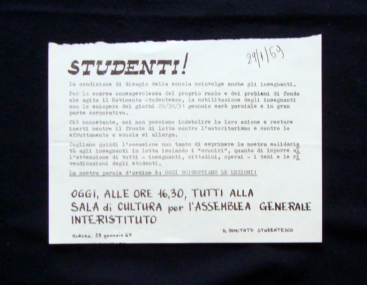 Contestazione Studentesca ciclostilato 29 1 1969 Modena Assemblea Interistituto