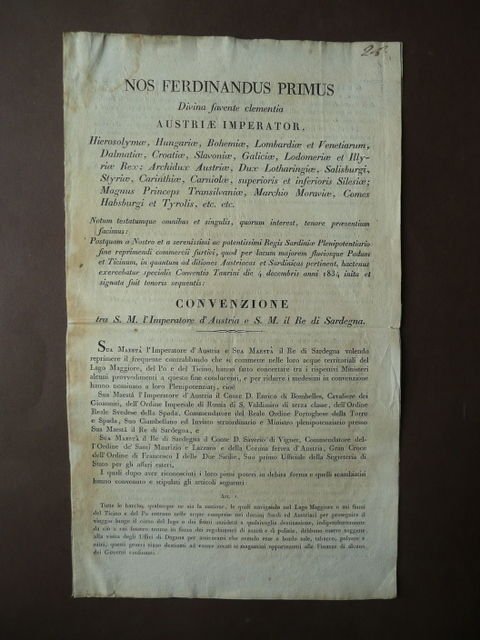 Convenzione Contrabbando Po Ticino Sale Tabacco Polvere Ferdinando Primo 1834