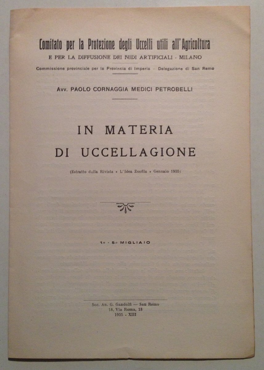 Cornaggia Medici Petrobelli In Materia di Uccellagione Gandolfi San Remo …