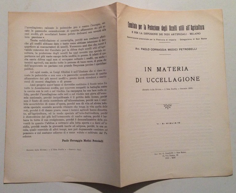 Cornaggia Medici Petrobelli In Materia di Uccellagione Gandolfi San Remo …