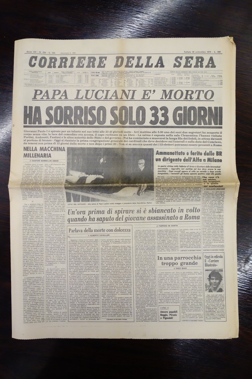 CORRIERE DELLA SERA MORTE PAPA GIOVANNI PAOLO I LUCIANI 30/9/1978 …