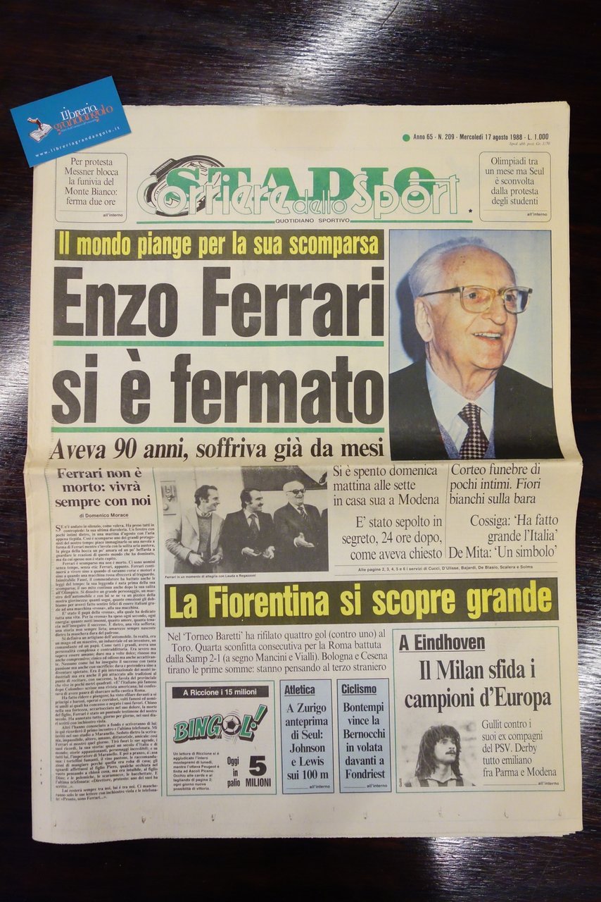 CORRIERE DELLO SPORT MORTE ENZO FERRARI SI E' FERMATO 17/8/1988 …
