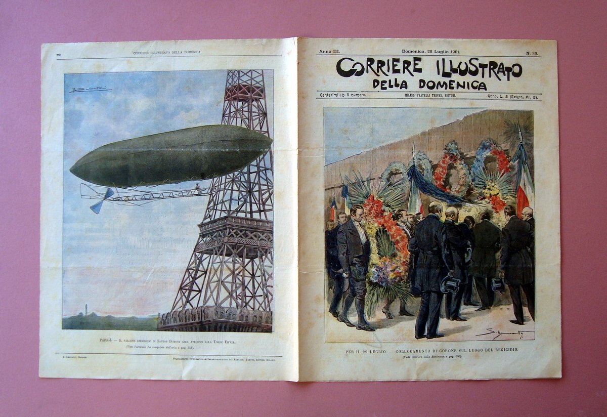 Corriere Illustrato Domenica n.30 1901 Parigi Dirigibile Dumont Regicidio