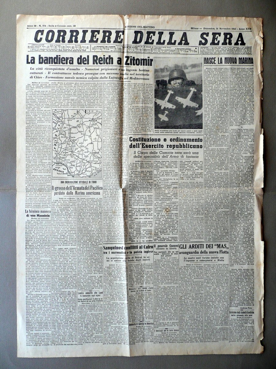 Costituzione e Ordinamento Esercito Repubblicano Corriere della Sera 21/11/1943 | Immagine principale
