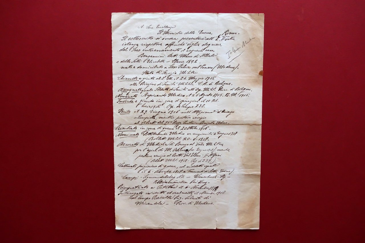 Curriculum Manoscritto Medico Militare San Felice sul Panaro Modena WW1 …