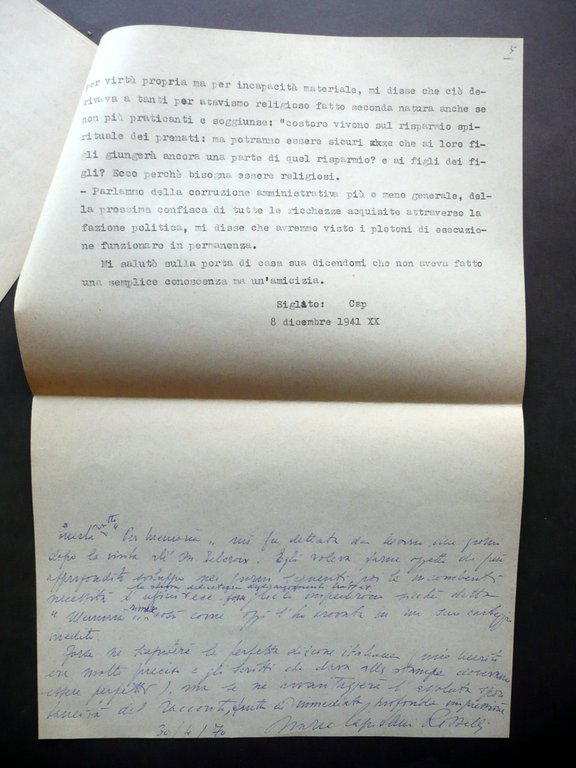 Dattiloscritto Colloquio con Carlo Delcroix Inedito 1941 Capitani Rosselli