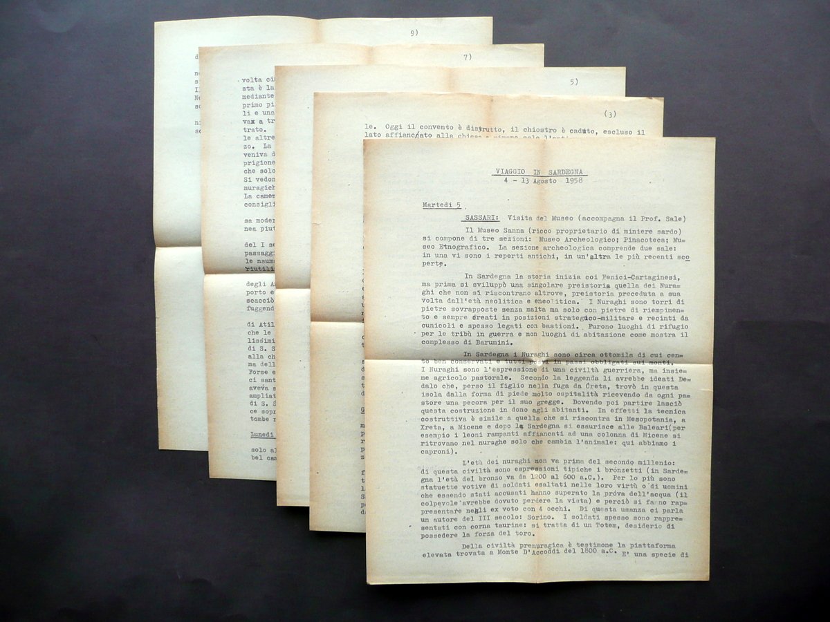 Dattiloscritto Viaggio in Sardegna 4-13 Agosto 1958 Cagliari Sassari Alghero