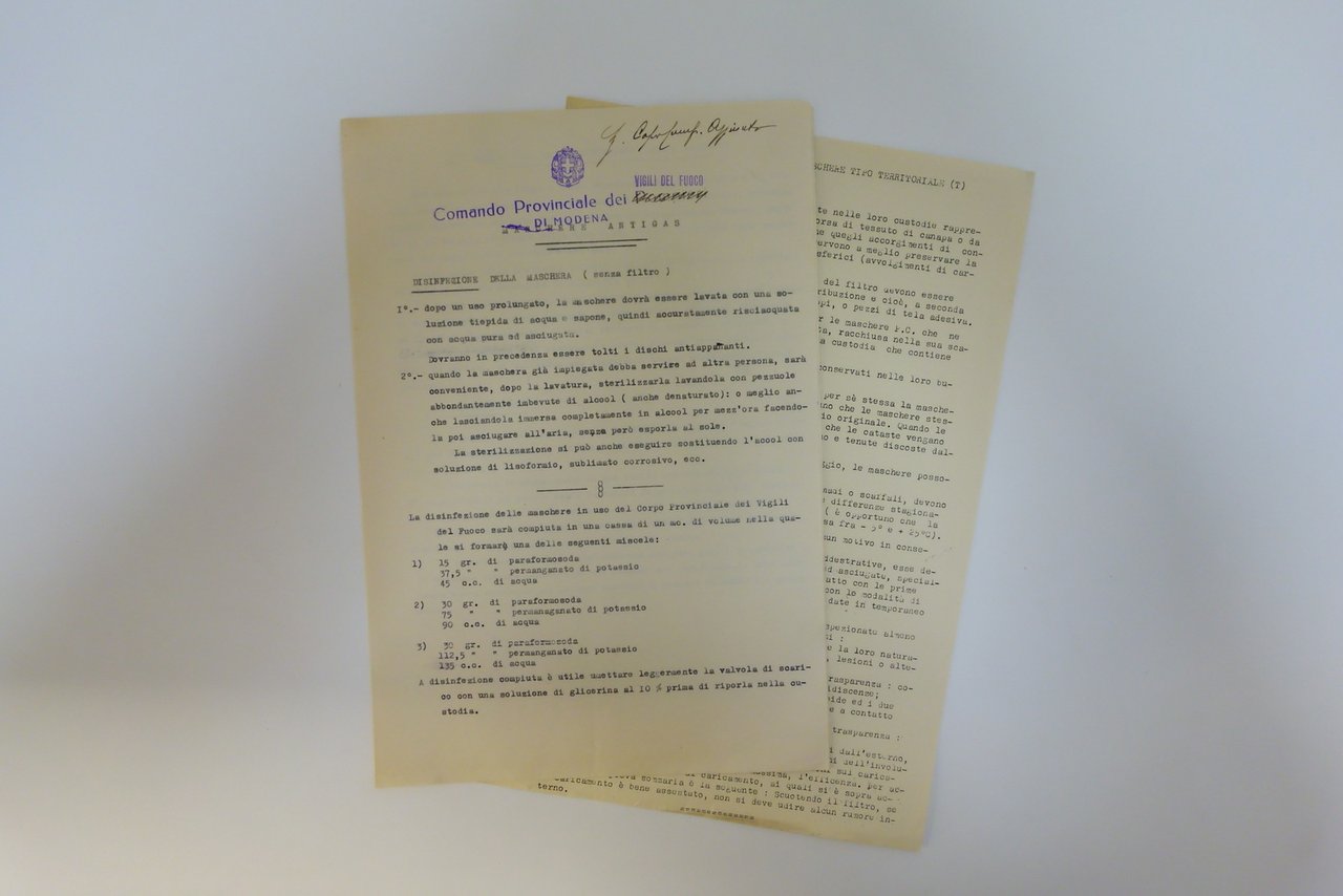 Dattiloscritto Vigili del Fuoco Modena Disinfezione Pulizia Maschera Bombole