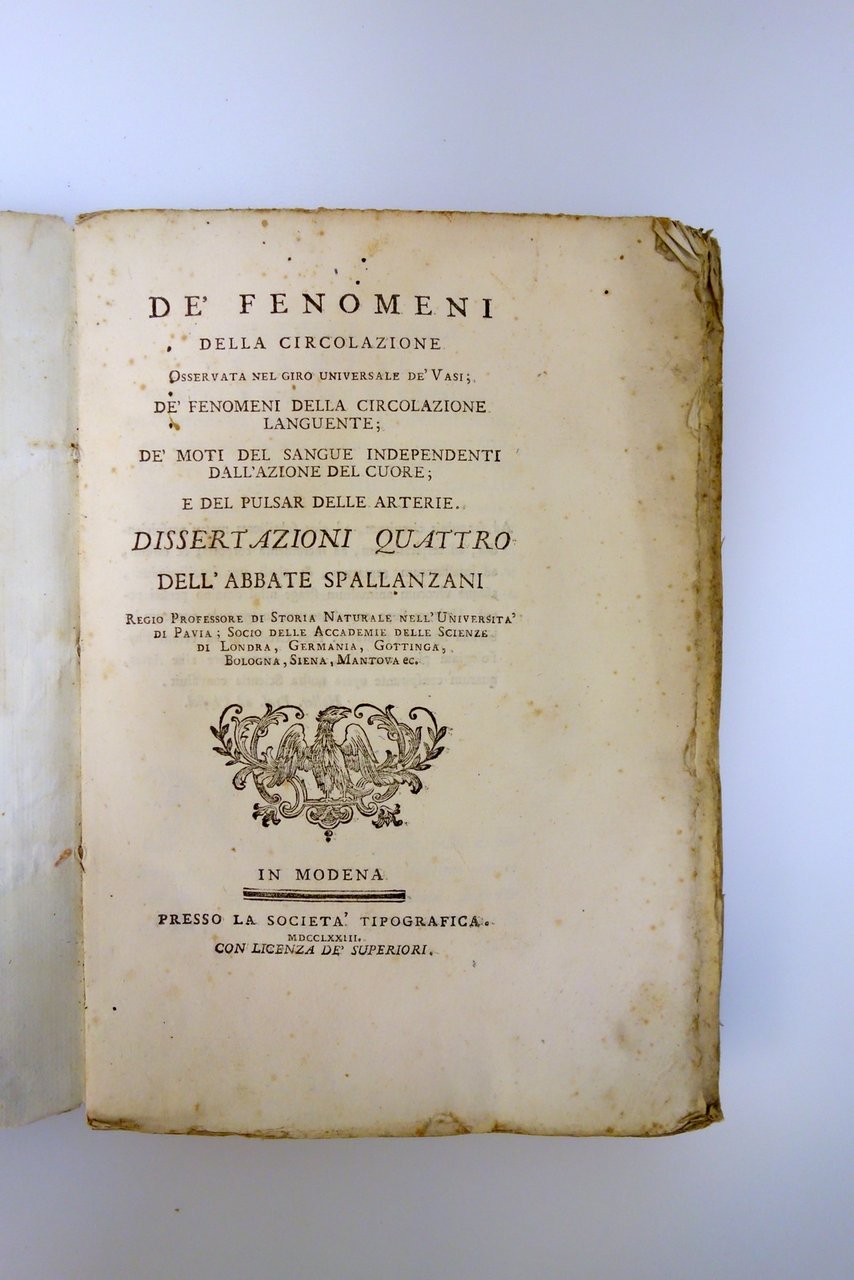 De' Fenomeni della Circolazione Dissertazioni Quattro Spallanzani Modena 1773