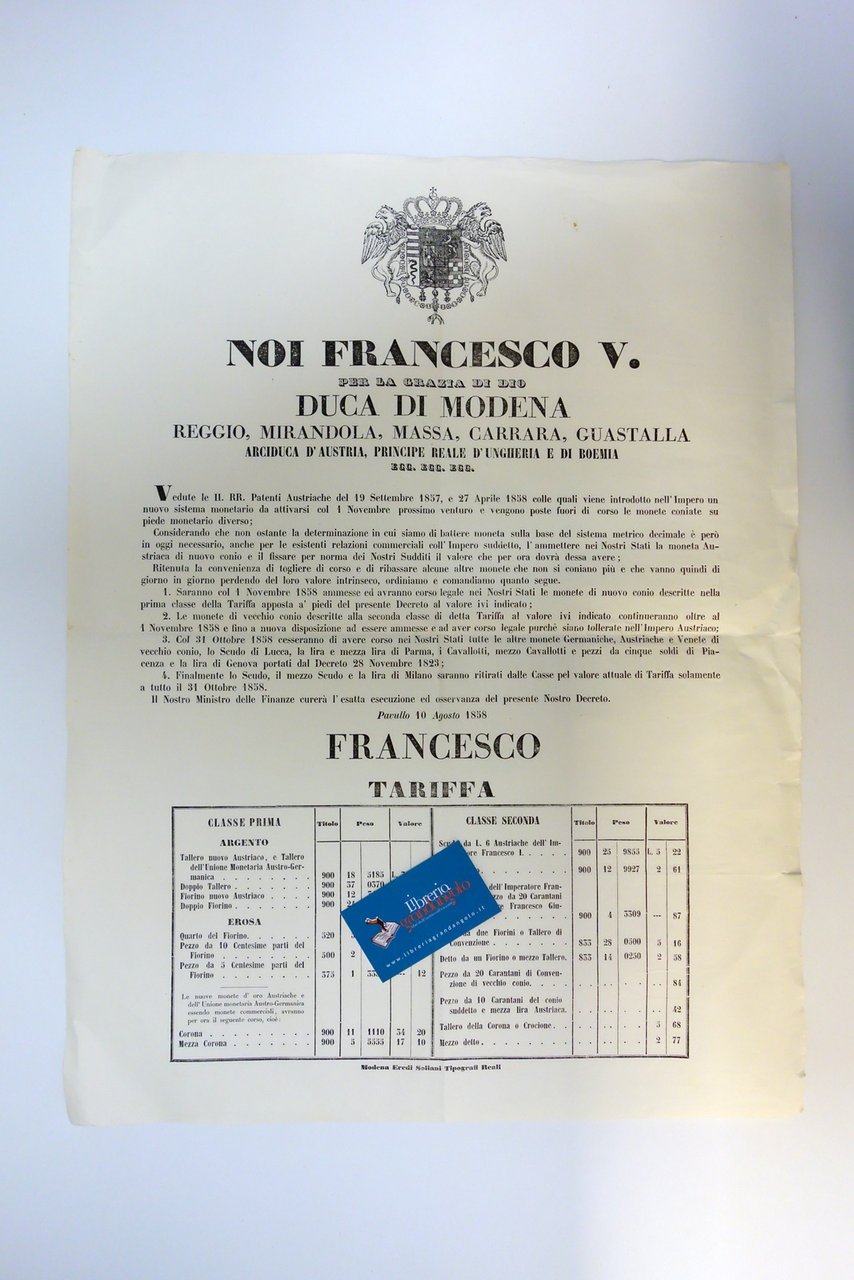 Decreto Francesco V Duca di Modena Monete Immissione e Cessazione … | Immagine principale