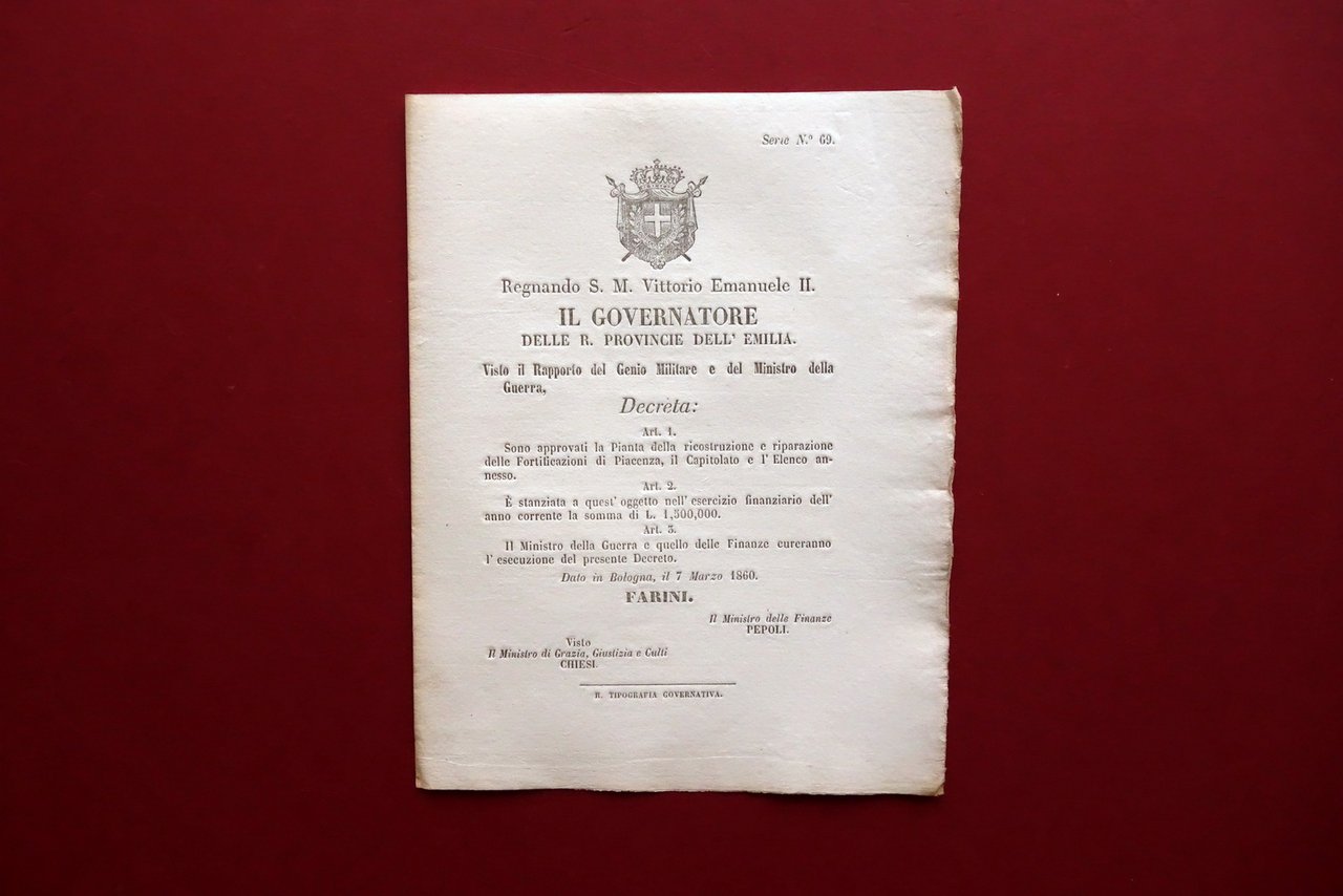 Decreto Governatore Farini Riparazione Fortificazioni di Piacenza 1860
