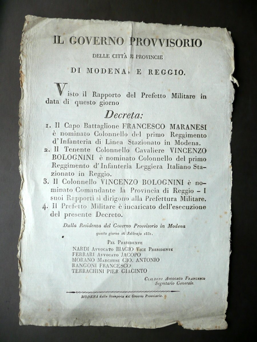 Decreto Governo Provvisorio di Modena e Reggio Nomine Cariche Militari …