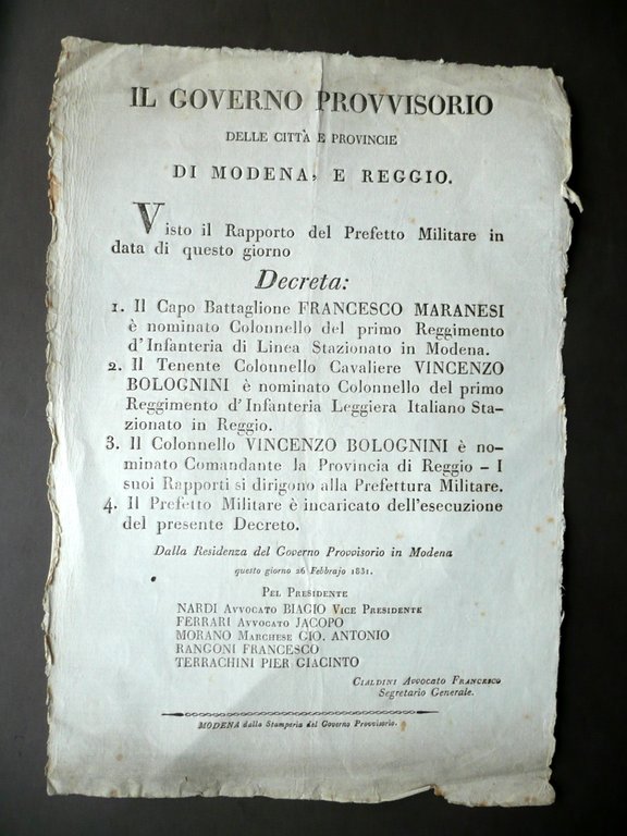 Decreto Governo Provvisorio di Modena e Reggio Nomine Cariche Militari 1831