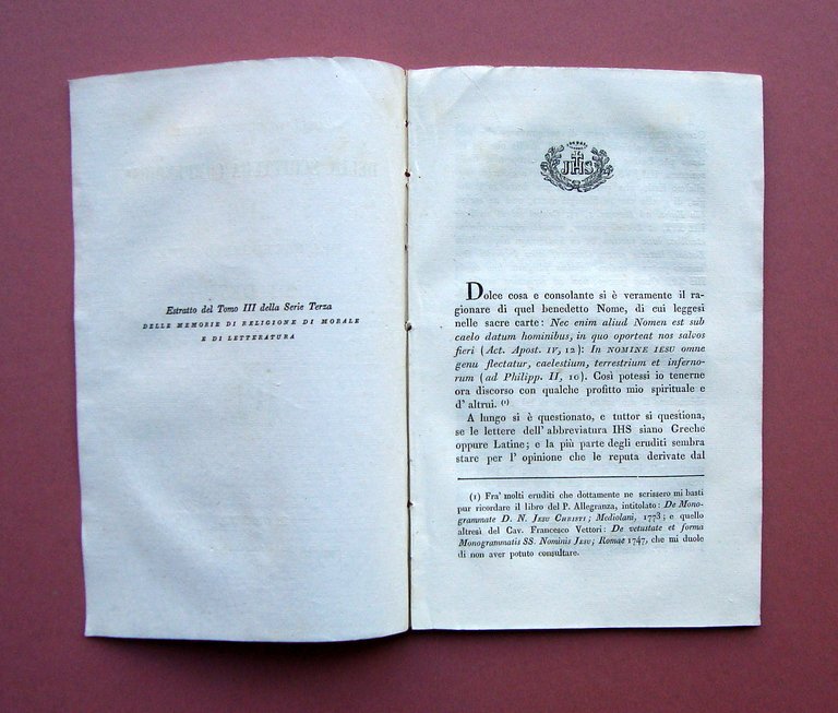 Dell'Origine e Valore IHS del sacrosanto nome di Ges˘ 1846 …