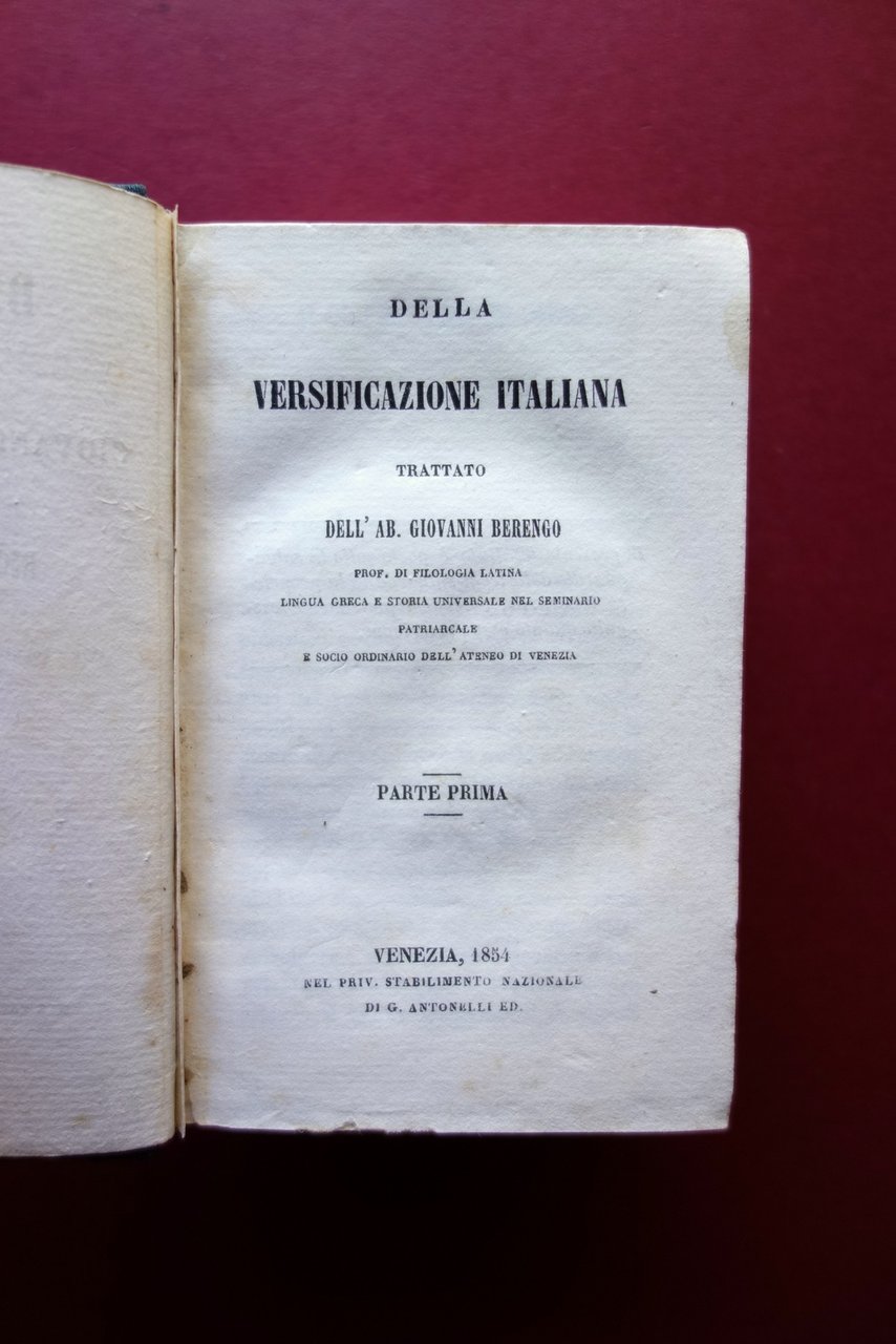 Della Versificazione Italiana Giovanni Berengo Antonelli 1852 2 Parti Completo | Immagine principale