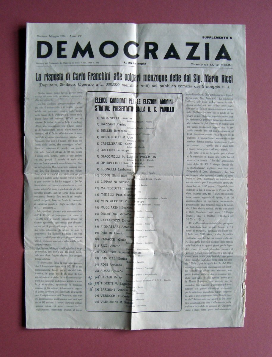 Democrazia Elezioni Pavullo Anno VI Modena Maggio 1956 Candidati Problemi