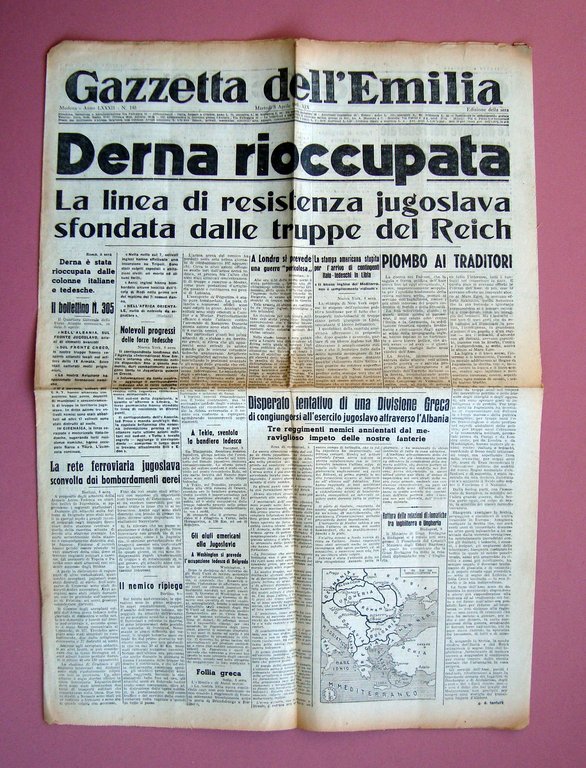 Derna Rioccupata Gazzetta dell'Emilia 8 aprile 1941 resistenza Jugoslavia