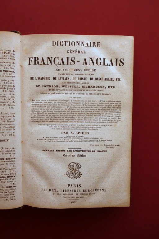Dictionnaire General Francais-Anglais A. Spiers Baudry Paris 1851 | Immagine Gallery 3