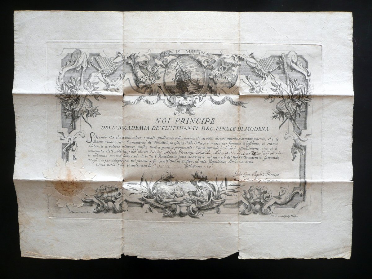 Diploma Accademia dei Fluttuanti Finale di Modena Moreali 1789 Sigillo …