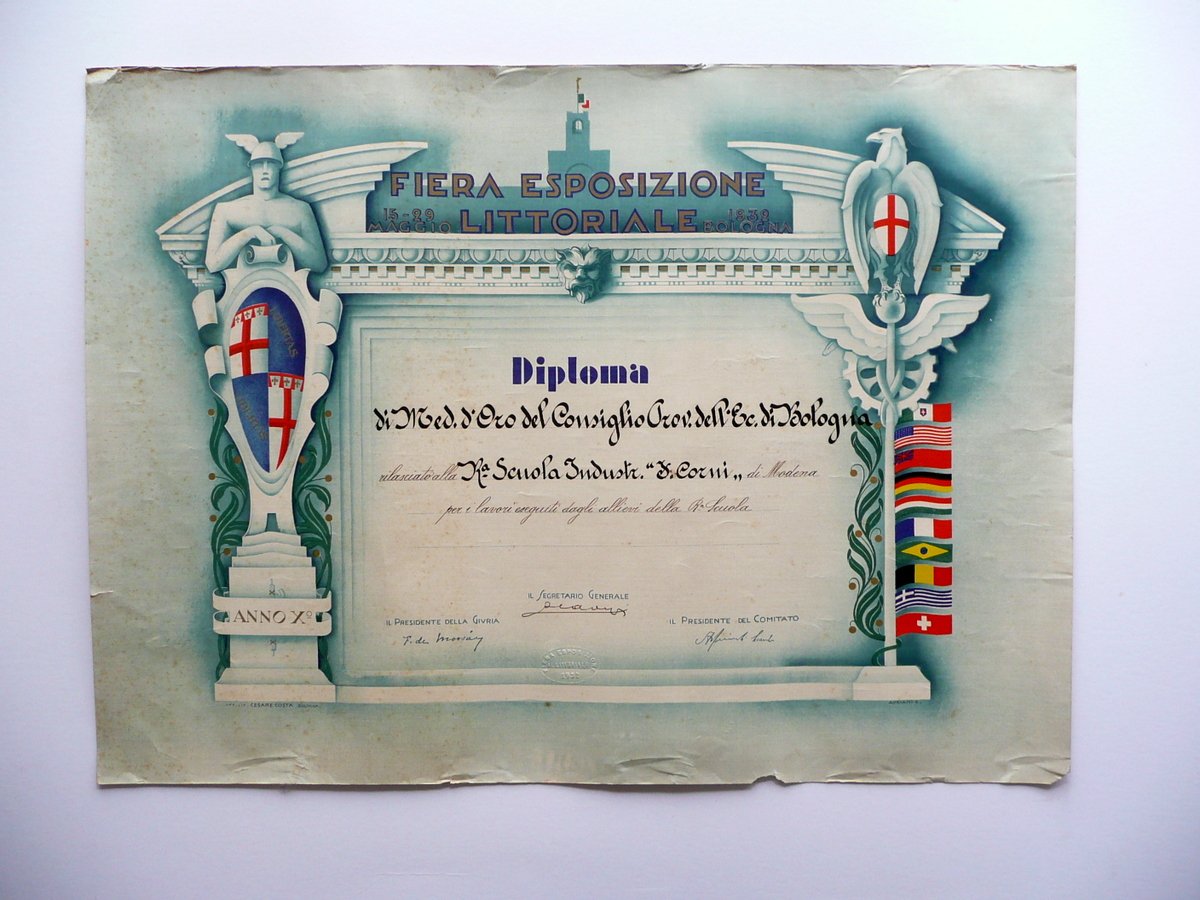 Diploma Fiera Esposizione del Littoriale Bologna 1932 Scuola Corni Modena
