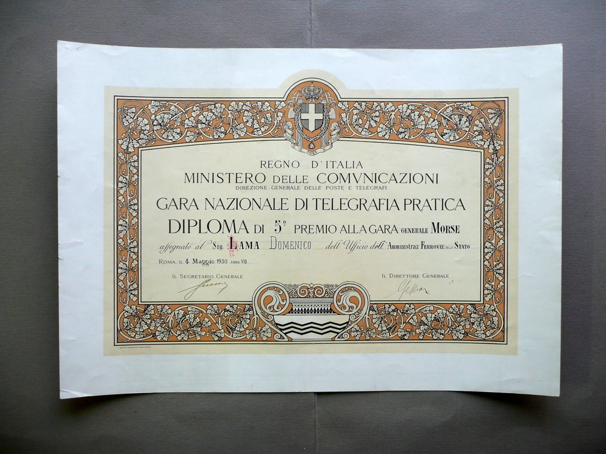 Diploma Gara Nazionale di Telegrafia Pratica Regno d'Italia Morse Roma … | Immagine principale