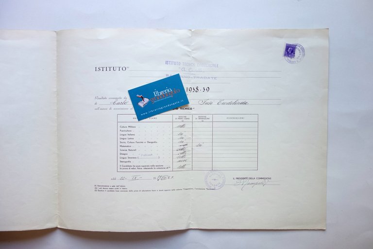 Diploma Istituto Tecnico Ente Nazionale Insegnamento Medio Saronno Tredate 1939