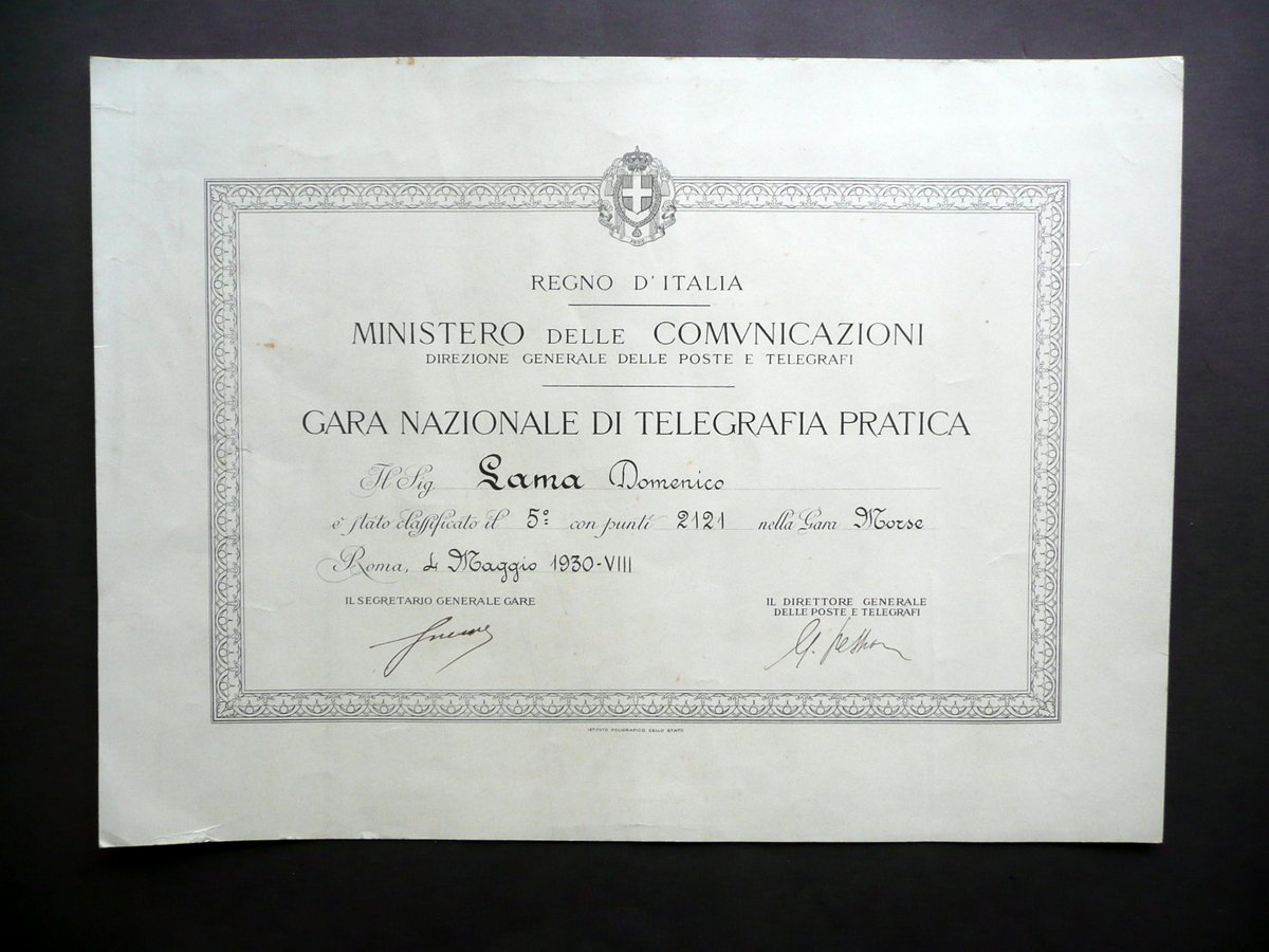 Diploma Ministero delle Comunicazioni Gara di Telegrafia Pratica Morse 1930