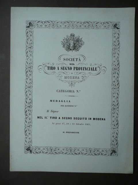 Diploma Moduli Societ‡ Tiro a Segno Modena 1865 | Immagine principale