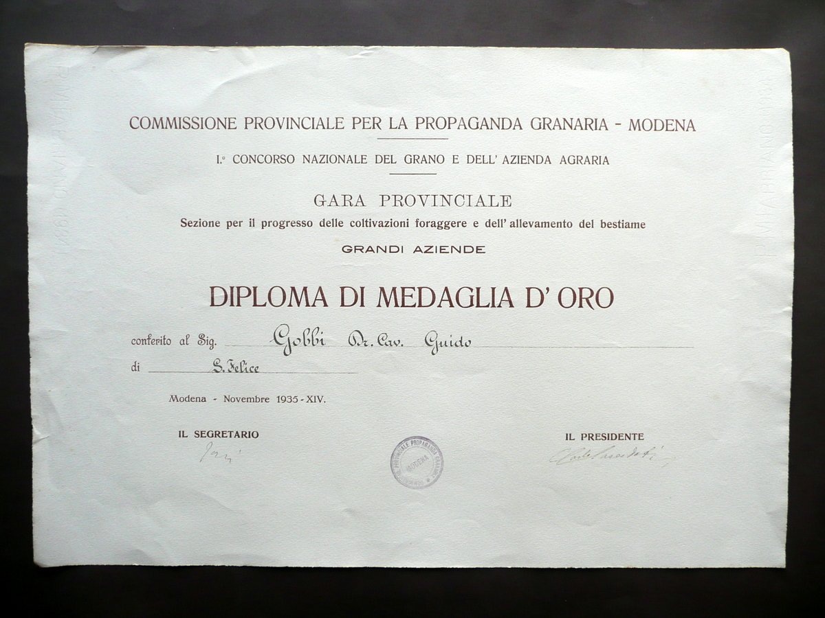 Diploma Propaganda Granaria Concorso Nazionale Gobbi San Felice Modena 1935