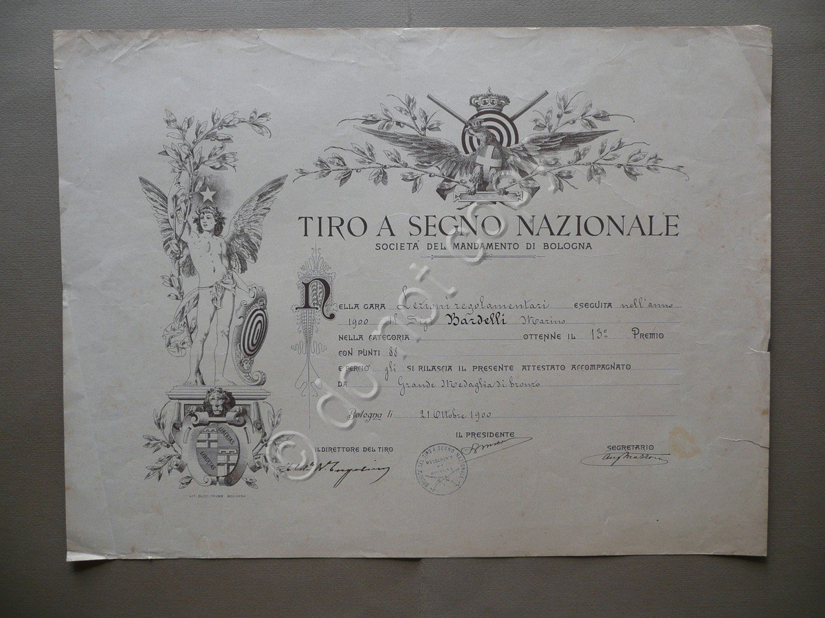 Diploma Tiro a Segno Nazionale Societ‡ del Mandamento Bologna 1900 …
