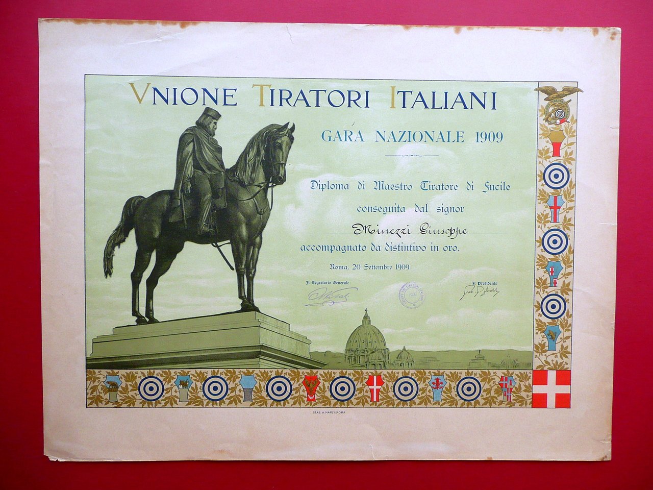 Diploma Unione Tiratori Italiani Maestro di Fucile Roma 1909 Garibaldi
