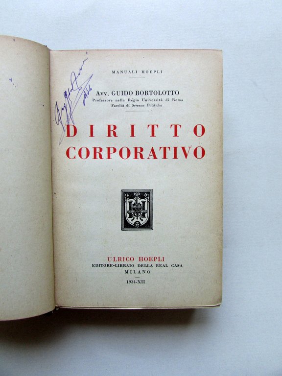 Diritto Corporativo Guido Bortolotto Hoepli Milano 1934 | Immagine Gallery 3