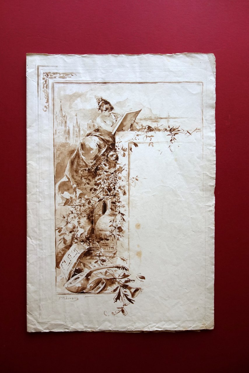 Disegno Originale Acquerello Decorazione Modulo Diploma Firmato Padovano '800