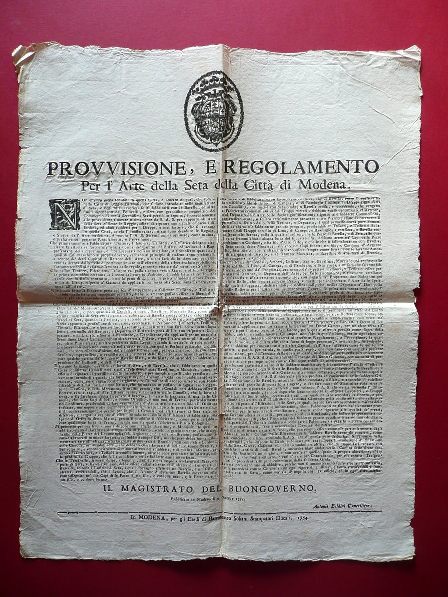 Disposizione Provvisione Regolamento Arte Seta Citt‡ di Modena Soliani 1754