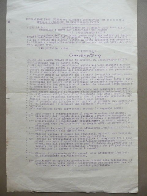 Disposizioni Castelfranco Emilia Disoccupazione Bracciantato Agricolo Modena1930