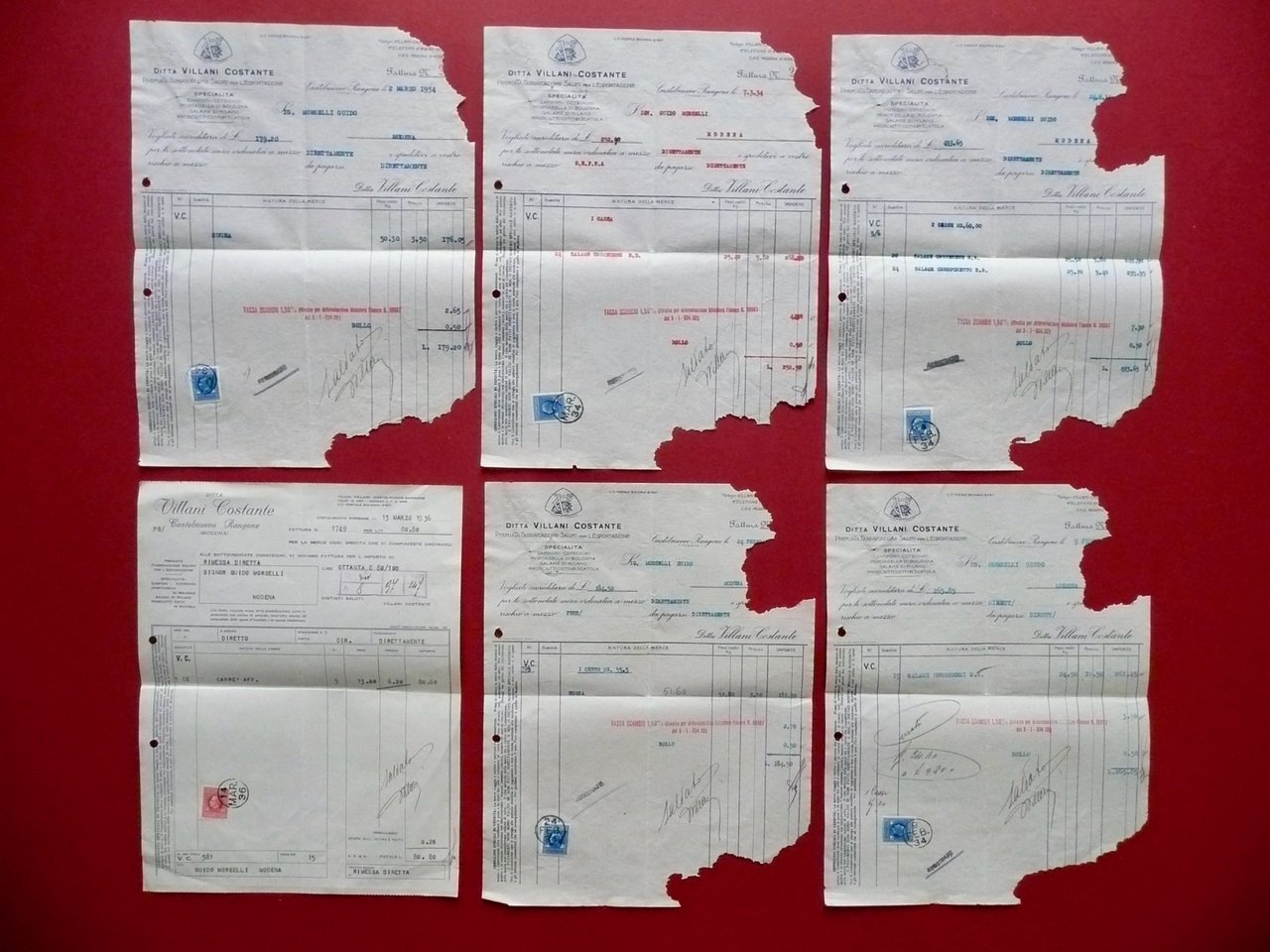 Ditta Villani Costante Sei Fatture Anni '30 Salumi Insaccati Zamponi …