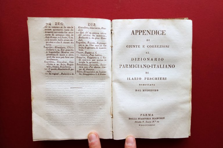 Dizionario Parmigiano Italiano Ilario Peschieri Blanchon 1828 2 Volumi Appendice