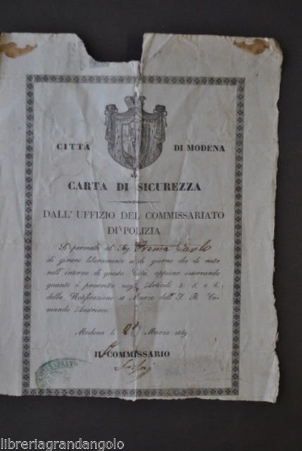 Documenti Estensi Modena Lasciapassare Permesso Carta Sicurezza Polizia 1849