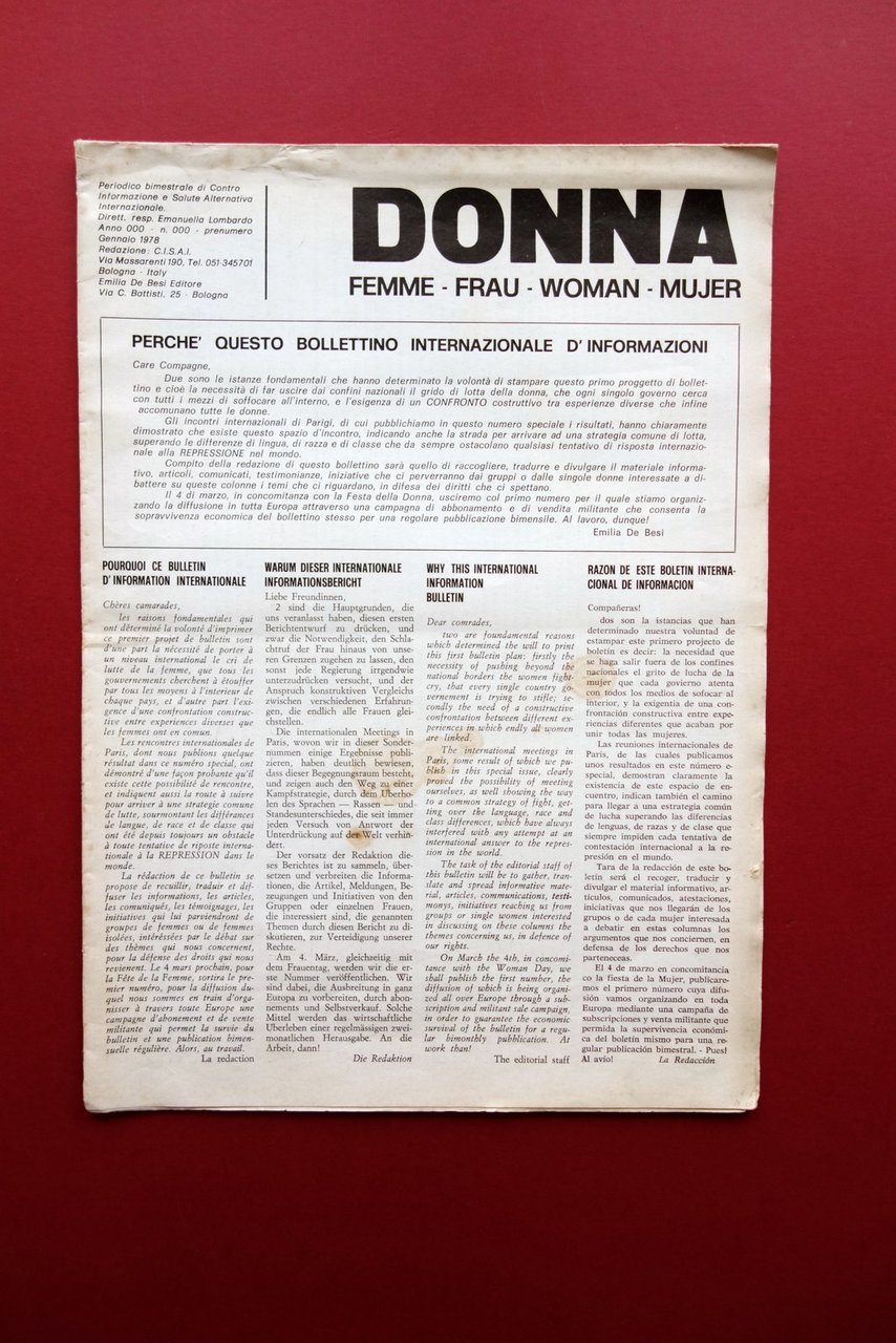 Donna Femme Frau Woman Mujer Rivista Bologna Gennaio 1978 Prenumero